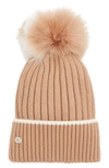 Soia & Kyo Ribbed Beanie With Feather Pom In Toffee-powder