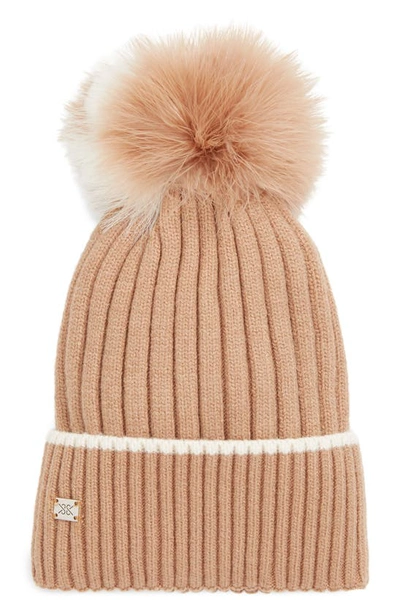 Soia & Kyo Ribbed Beanie With Feather Pom In Toffee-powder
