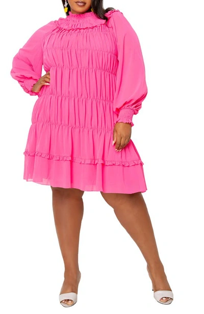 Buxom Couture Tiered Ruched Long Sleeve Dress In Pink