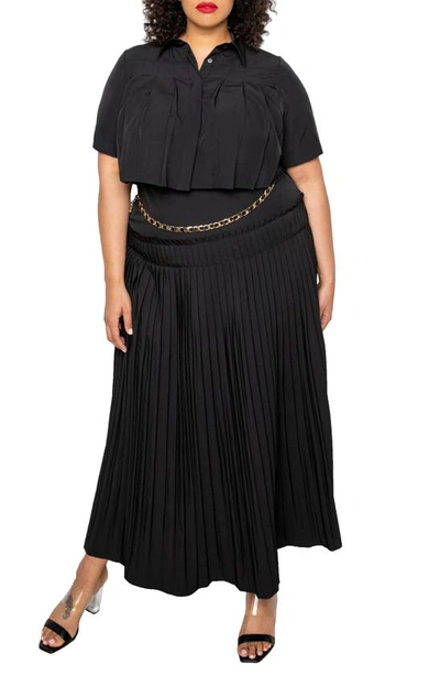 Buxom Couture Pleated Top And Skirt Set In Black
