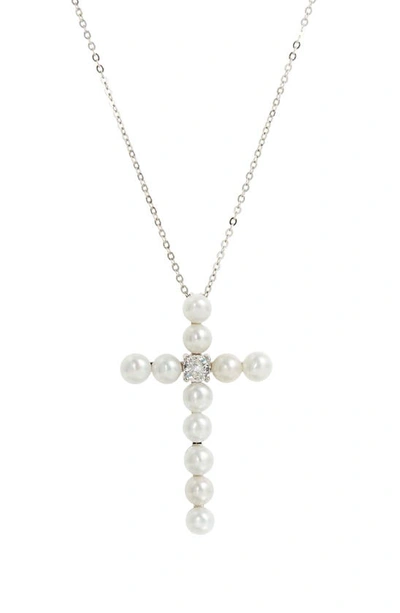 Savvy Cie Jewels Freshwater Pearl Cross Pendant Necklace In White