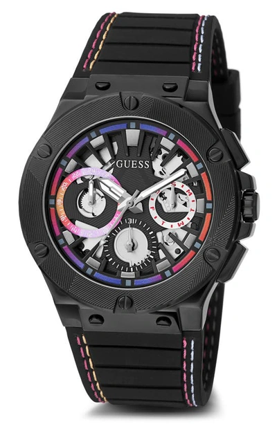 Guess Ombré Multifunction Silicone Strap Watch, 44mm In Black/black/black