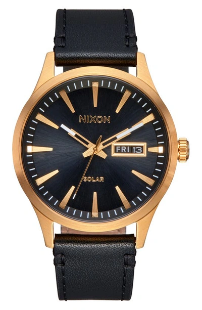 Nixon Sentry Solar Leather Strap Watch, 40mm In All Gold / Black