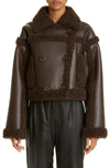 Stand Studio Kristy Double Breasted Faux Leather Crop Jacket With Faux Shearling Trim In Brown