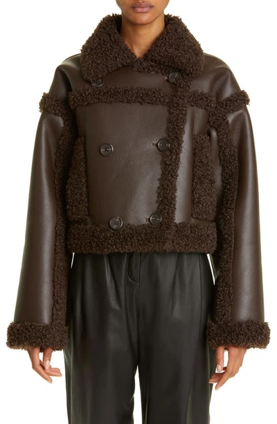 Stand Studio Kristy Double Breasted Faux Leather Crop Jacket With Faux Shearling Trim In Brown