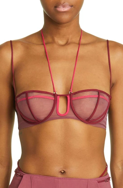 Nensi Dojaka Triple Petal Sheer Tulle Halter Bra Top In Rosso