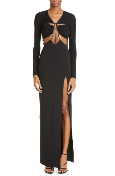 Nensi Dojaka Drape Asymmetric Cutout Long Sleeve Dress In Black