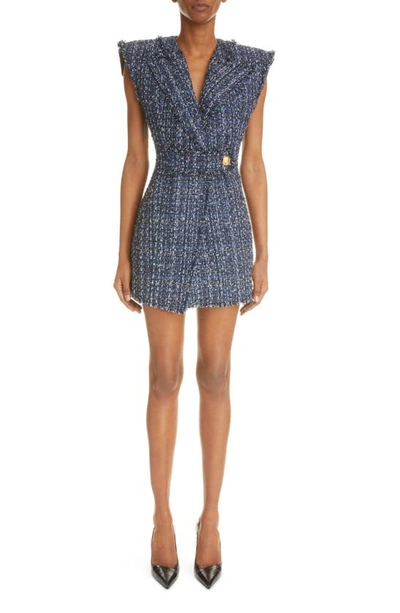 Balmain Strong-shoulder Denim Tweed Mini Dress In Blue