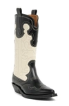 Ganni Embroidered Western Boot In Black/ Egret