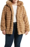 Gallery Hooded Faux Fur Jacket In Camel