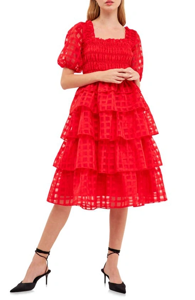 English Factory Check Organza Tie Midi Dress In Red