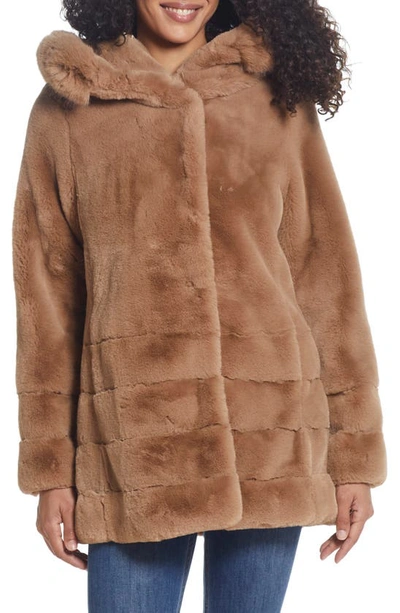 Gallery Hooded Faux Fur Coat In Camel