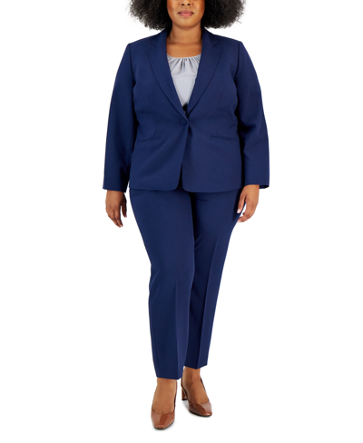 Le Suit Plus Women's Notched-lapel Blazer Pants Suit In Indigo