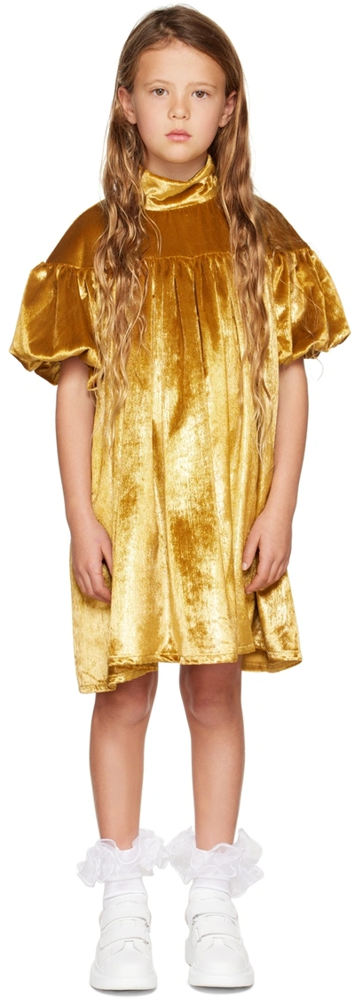 Crlnbsmns Kids Gold Gathered Glitter Dress In Glitter Gold