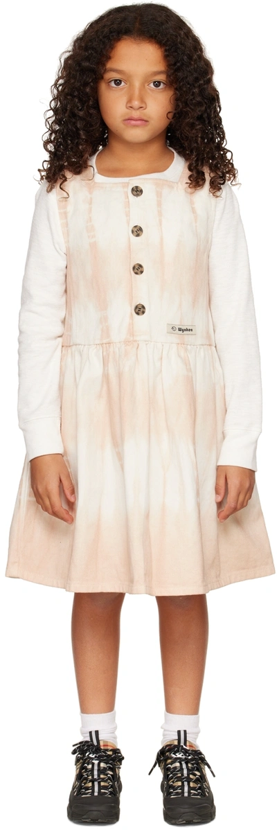 Wynken Kids Pink & Off-white Maria Pinafore Dress In Soft Pink Tie Dye