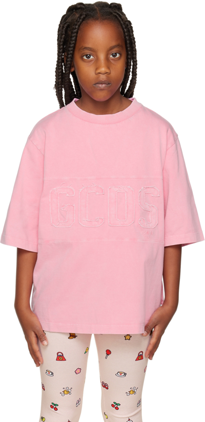 Gcds Kids Pink Distressed T-shirt In Sangria Rose