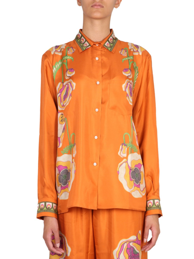 La Doublej Boy Floral-print Silk-twill Shirt In Orange