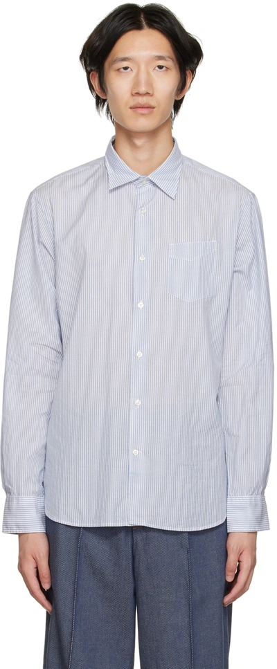 Officine Generale ‘giacomo' Spread Collar Stripe Motif Cotton Silk Button Up Shirt In Blue