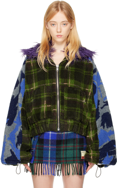 Rave Review Faux-fur Trim Multi-pattern Jacket In Camo/green Check
