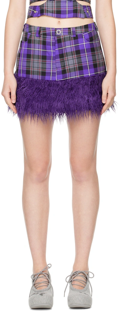 Rave Review Tartan Faux-fur Trim Mini Skirt In Purple