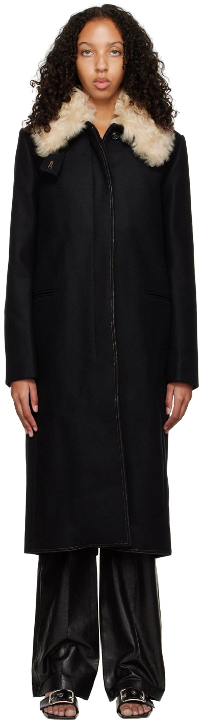 Helmut Lang Faux Fur Collar Coat In Black