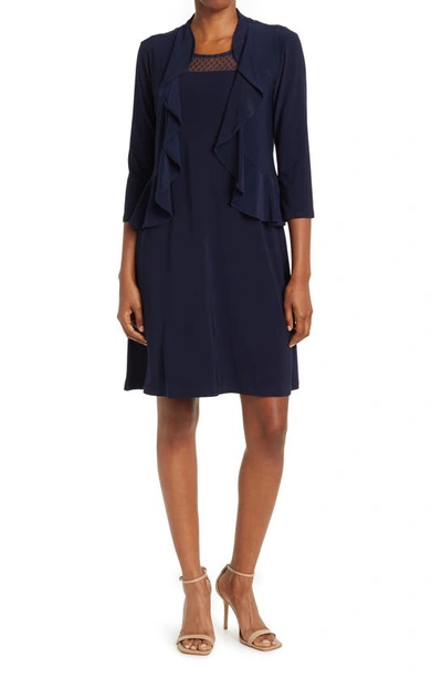 Nina Leonard 2-piece Ruffle Bolero & Sleeveless Dress In Navy