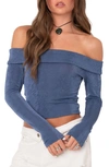 Edikted Athena Fold Over Off The Shoulder Long Sleeve Top In Blue