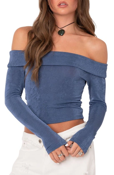 Edikted Athena Fold Over Off The Shoulder Long Sleeve Top In Blue