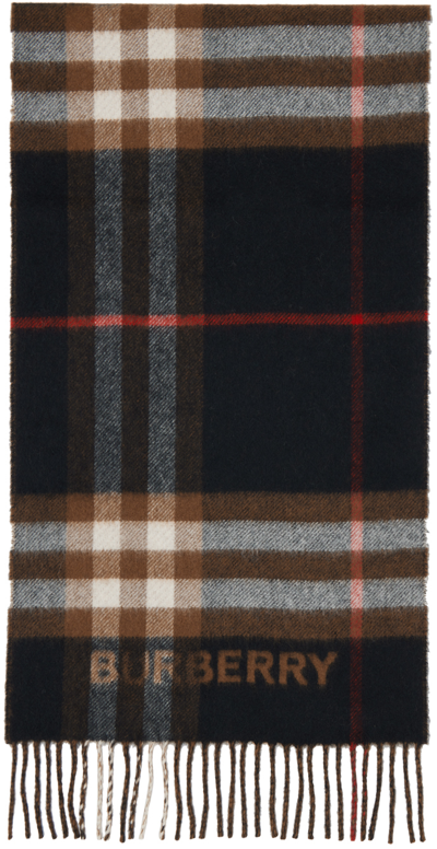 Burberry Black Cashmere Scarf With Tartan Pattern In Brown
