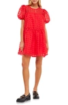 Shop English Factory Gridded Puff Sleeve Dress In Red