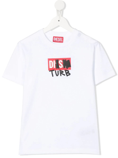Diesel Kids White T-shirt With Disturb Printed Logo In Bianco