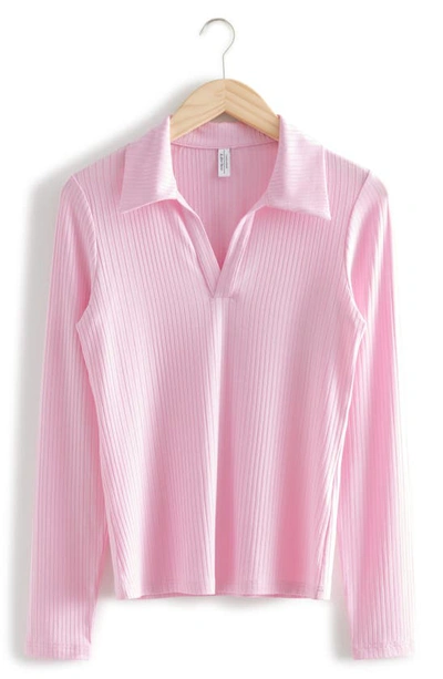 & Other Stories Long Sleeve Rib Polo In Pink