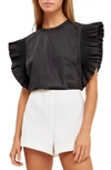 English Factory Ruffle Sleeve Top In Black