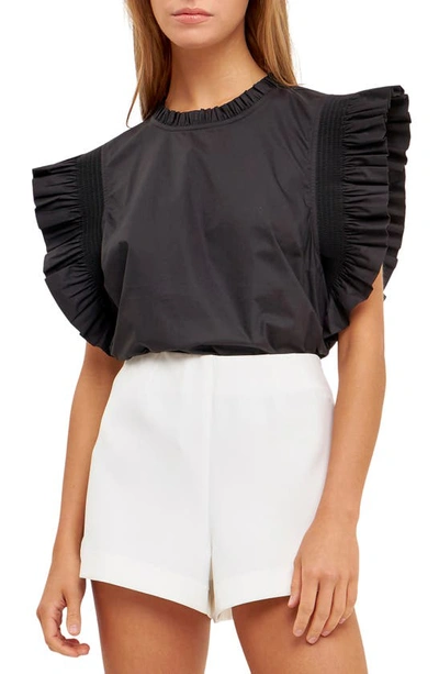 English Factory Ruffle Sleeve Top In Black