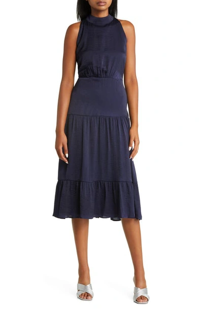 Sam Edelman Mock Neck Tiered Halter Midi Dress In Navy | ModeSens