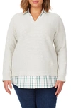 Foxcroft Layered Plaid Trim Cotton Sweater In Ivory Mult