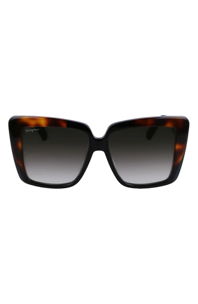 Ferragamo 55mm Gradient Rectangular Sunglasses In Black/ Tortoise