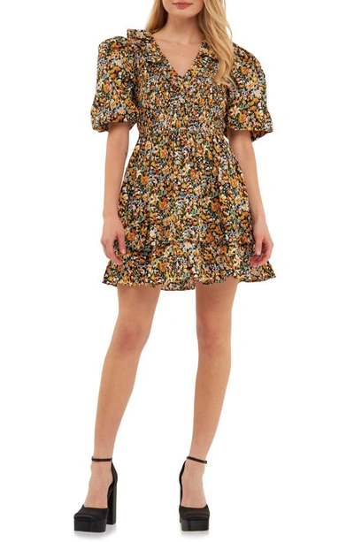 English Factory Floral Ruffle Trim V-neck Cotton Minidress In Black