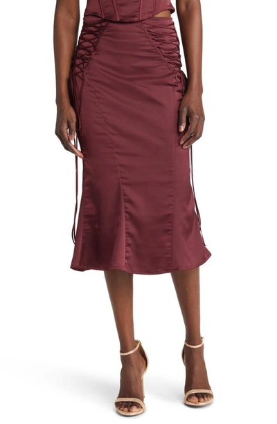 House Of Cb Sidonie Lace-up Satin Trumpet Midi Skirt In Wine