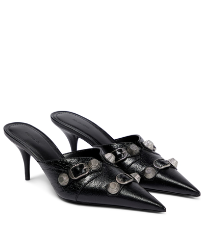 Balenciaga Cagole Studded Crinkled-leather Mules In Nero E Argento