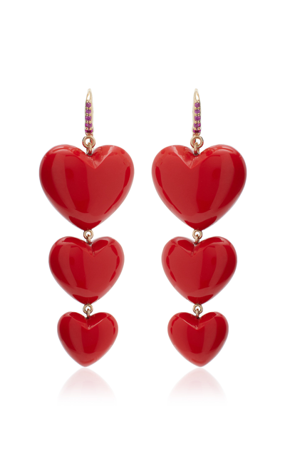 Rachel Quinn The Triple Heart 14k Yellow Gold Pink Sapphire; Coral Earrings In Red