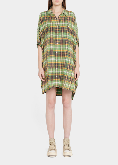 R13 Plaid Button-front Shirtdress In Green
