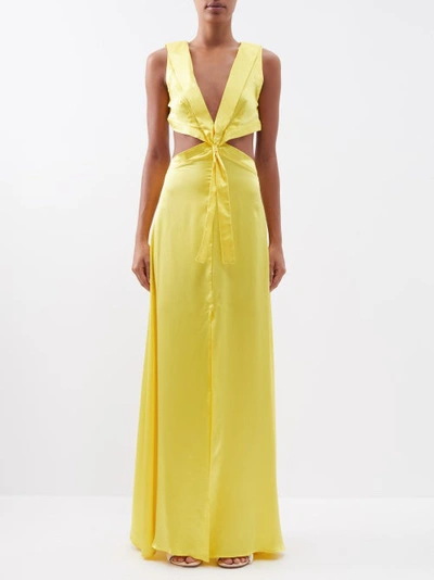 House Of Aama V-neck Cut-out Silk-charmeuse Dress In Pale Yellow