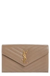 Saint Laurent Large Monogram Quilted Leather Wallet On A Chain In Taupe