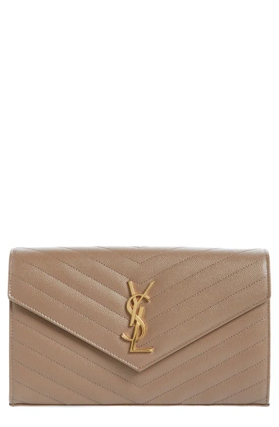 Saint Laurent Large Monogram Quilted Leather Wallet On A Chain In Taupe