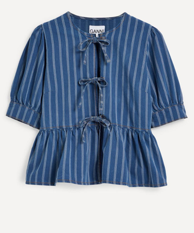 Ganni Striped Denim Puplum Blouse In Tint Wash