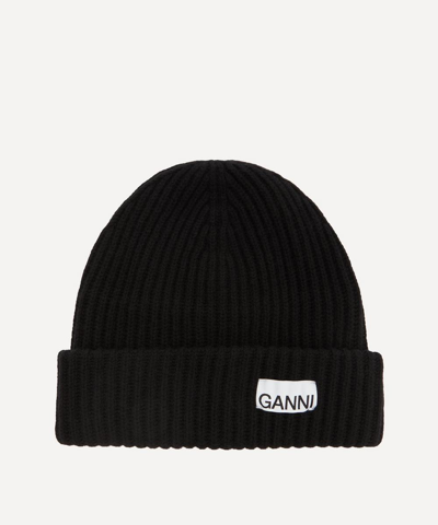 Ganni Black Recycled Rib Knit Beanie