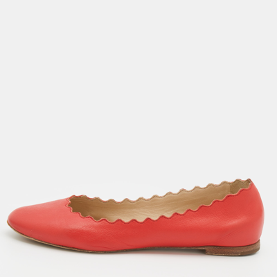 Pre-owned Chloé Coral Red Leather Lauren Scalloped Ballet Flats Size 36.5