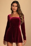 LULUS FEELING CHEERY BURGUNDY VELVET LONG SLEEVE TIE-BACK ROMPER