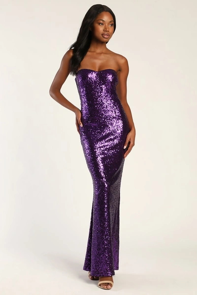 Lulus Astonishing Shine Purple Sequin Strapless Mermaid Maxi Dress